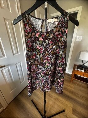 LOFT Black Floral Mini Skirt with Pink & Green Details